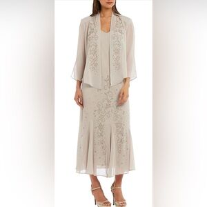 R&M Richards Women's 2pc Beaded V-Neck Jacket Dress in champagne beige sz 18 NWT